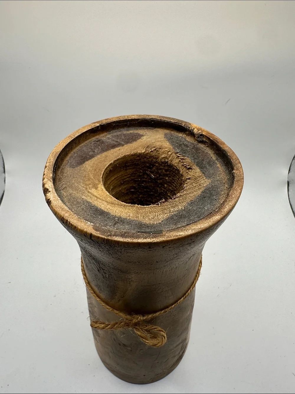 Handcrafted Brown Wood Vase with Natural Twine Accent